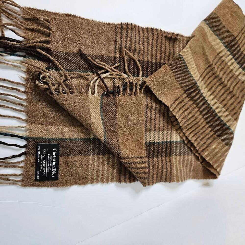 Vintage Christian Dior Monsieur wool brown plaid scarf. #856